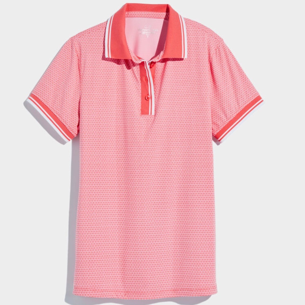 Vineyard Vines Womens Performance Polo Shirt Medium Coral Fleur Micro Flamingo